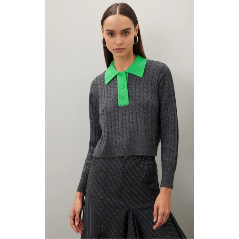 Sandro Gray Cable Knit Sweater with Green Collar